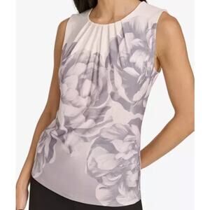 Calvin Klein Women's Petite Printed Pleated-Neck Sleeveless Top in Gray Multi